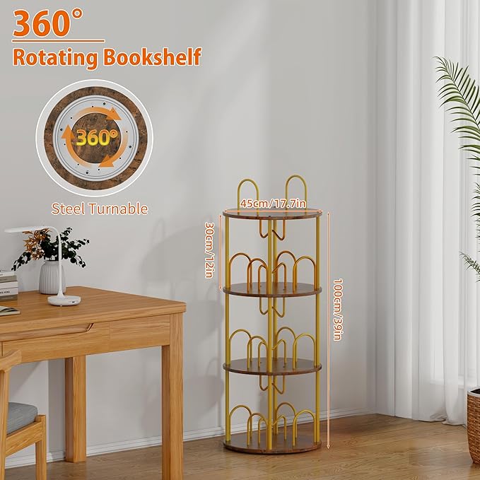 3 Tier Rotating Bookshelf, 360° Spinning Bookshelf Tower, Narrow Corner Book Shelf, Revolving Bookcase Corner Tall Book Shelf for Small Spaces, Bedroom, Living Room, Brown
