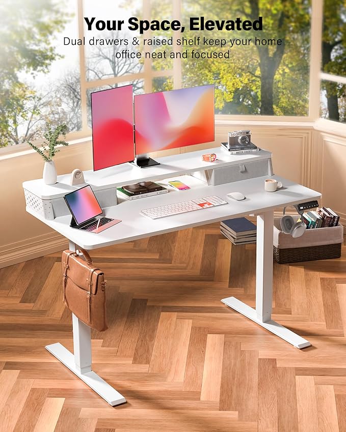 FiCiHi 55x24 Inch Standing Desk with Drawers, C-Clamp Mount Compatible, Electric Adjustable Height Computer Stand Up Desks, Home Office Sit Stand Table with 3 Preset Heights, White