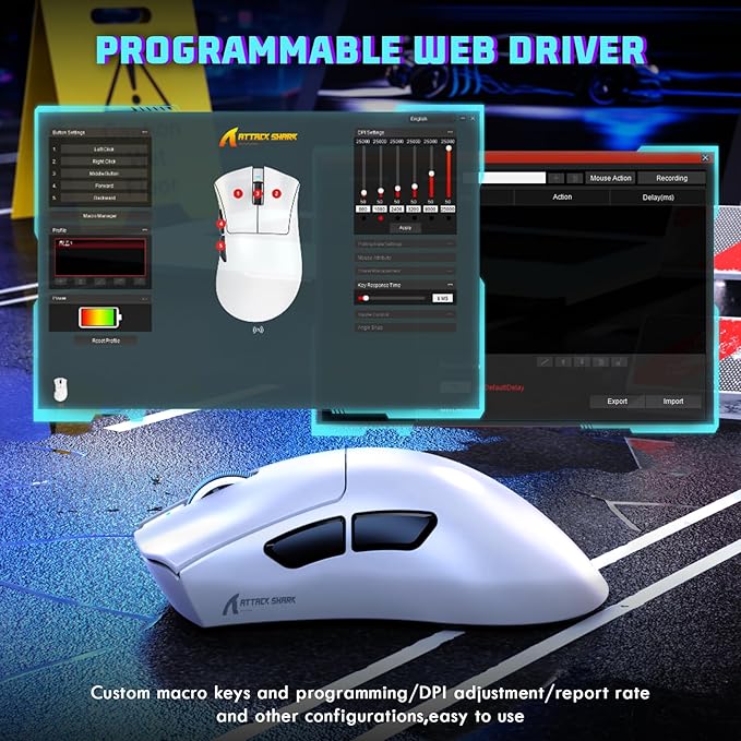 MAMBASNAKE ATTACKSHARK V3 Wireless Gaming Mouse,Adjustable 25K DPI PAW3311 Optical Sensor,Ergonomic 62g Lightweight 5 Programmable Buttons 500mAH Battery,2.4G/BT/USB-C Wired for PC/Mac-White