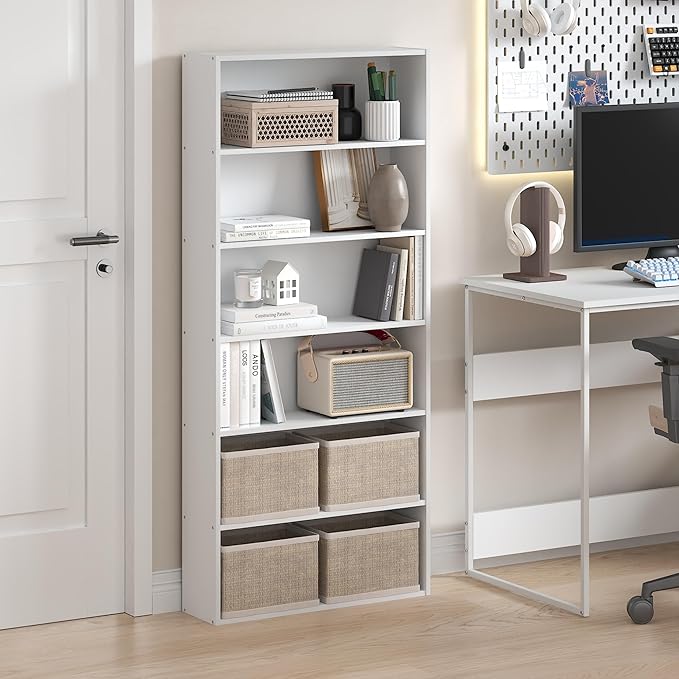 Furinno Basic Book Shelf, 6-Tier Bookcase with Open Shelf, Bookshelf, Cube Storage Organizer, 7 x 24 x 53, for Living Room, Bedroom, Home Office, White