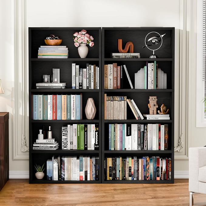 5-Tier Bookcase, Freestanding Wood Bookshelf, Open Storage Shelf, 53" Bookcase for Living Room, Bedroom, Home Office, Black