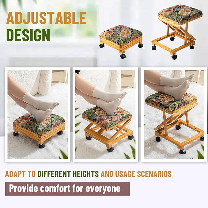 CroBlissful 2 Pack Rolling Adjustable Foot Rest Vintage Floral Foldable Under Desk Ottoman with Wheels Tapestry Foldaway Guitar Foot Stool for Home Office Living Room Bedroom