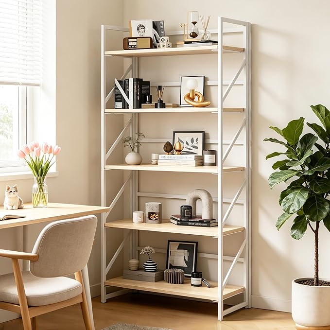 JSB No Assembly Folding Bookshelf, 5 Tier Industrial Metal Book Shelf for Storage, Vintage Wood Foldable Bookcase for Living Room, Bedroom, Office Organization Shelves