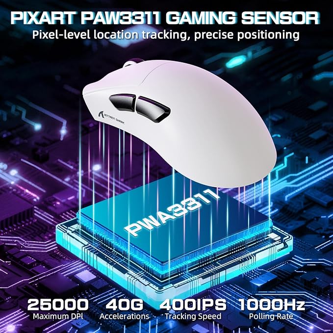 ATTACK SHARK V3 PRO Wireless Esports Gaming Mouse with Magnetic Charging Dock:62g Lightweight-1K Polling-25K DPI-PAW3311 Sensor,Wired/BT/2.4Ghz Programmable,BK52820 IC for PC Mac Laptop Gamer(White)