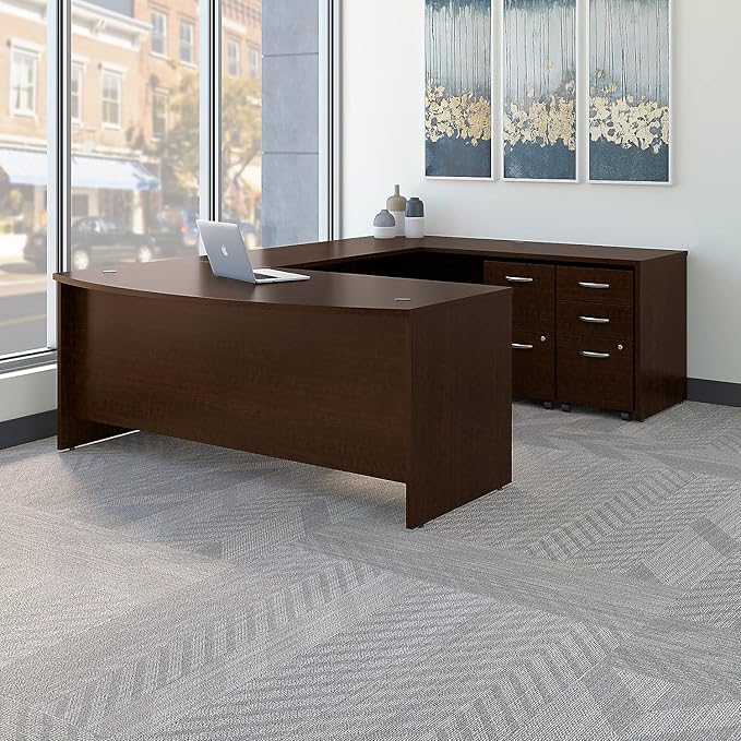 Bush Business Furniture Series C 72W x 36D Bow Front U Shaped Desk with Mobile File Cabinets in Mocha Cherry