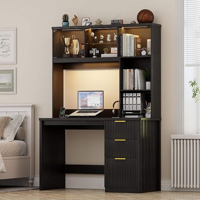 Lvifur LED Study Desk - with Hutch & Storage Cabinet, 47" Computer Desks with Outlet and 3 Color LED, Writing Desk, Home Office Desk for Studyroom, Ideal for Office Set, Black