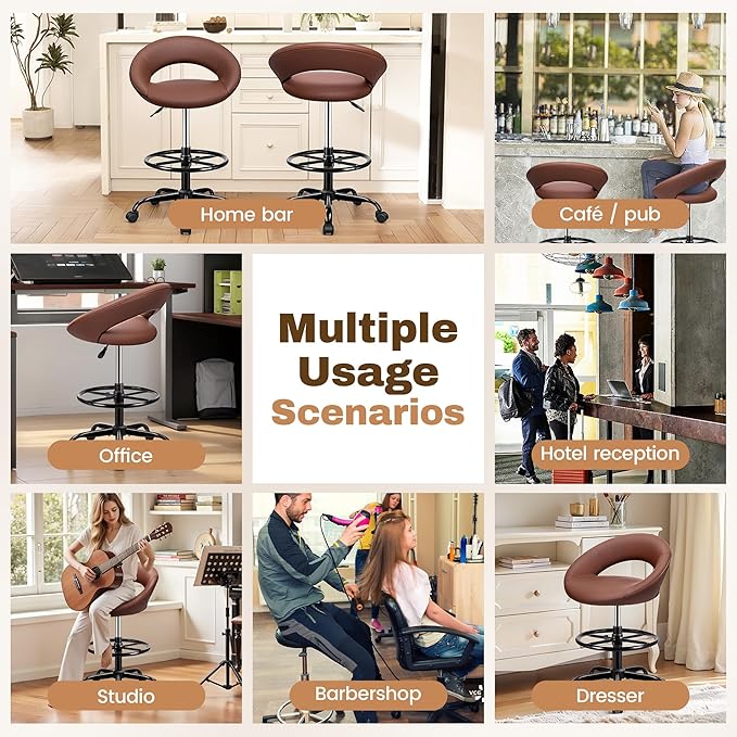 BESTFAIR Drafting Chair with Back, Height Adjustable Rolling Stool with Foot Rest, Tall 360° Swivel Stool PU Leather Chair with Wheels for Home Office, Standing Desk, Brown