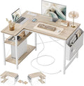 TIQLAB L Shaped Computer Desk with Power Outlets, 47 Inch Small Corner Desk with Reversible Shelves, Gaming Desk Computer Table Study Writing Table for Home Office Bedroom Small Space, Maple