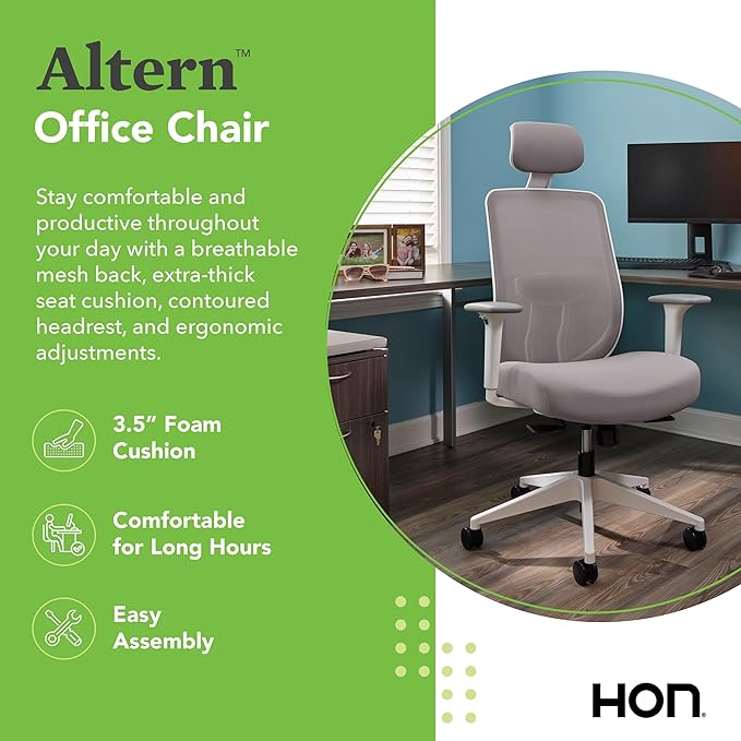 HON Altern Ergonomic Office Chair with Headrest, Arms, Foam Cushion Seat, Mid Back Home Office Desk Chair Comfy, Gaming Chair, Height Adjustable Arms, Synchro-Tilt, Seat-Slide, White Frame, Frost