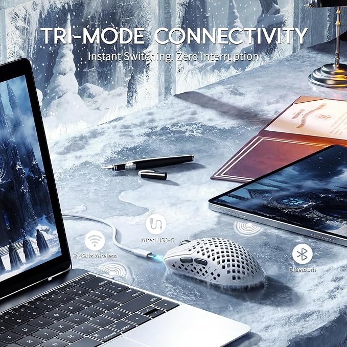 MAMBASNAKE M2 Carbon Fiber Wireless Gaming Mouse,PAW3395PRO 40K DPI Optical Sensor,41g Ultra Lightweight Ergonomic,Programmable Buttons BT/2.5Ghz/Wired Mice,Computer Accessories for PC/Mac-White