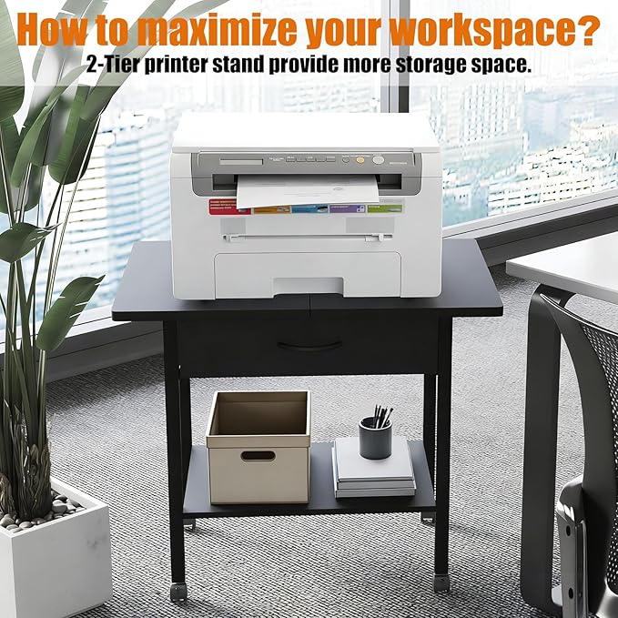 22" x 15" Under Desk Rolling Printer Stand, 2-Tier Industrial Mobile Printer Table with Strong Fabric Drawer, Storage Shelf, Steel Frame and Lockable Wheels, Printer Cart for Home Office (Black)