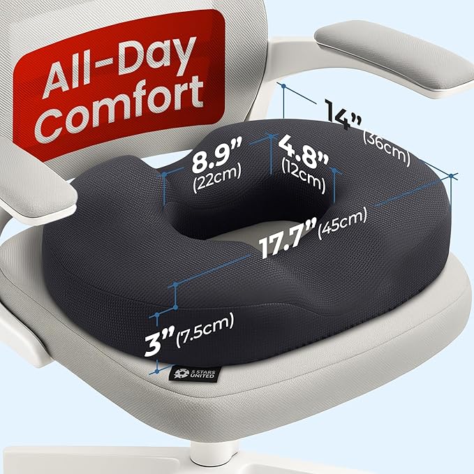 5 STARS UNITED Donut Pillow Hemorrhoid Tailbone Cushion – Large Cushion for Pain Relief – Coccyx, Prostate, Sciatica, Pelvic Floor, Pressure Sores, Pregnancy, Postpartum Recovery, Arctic Black