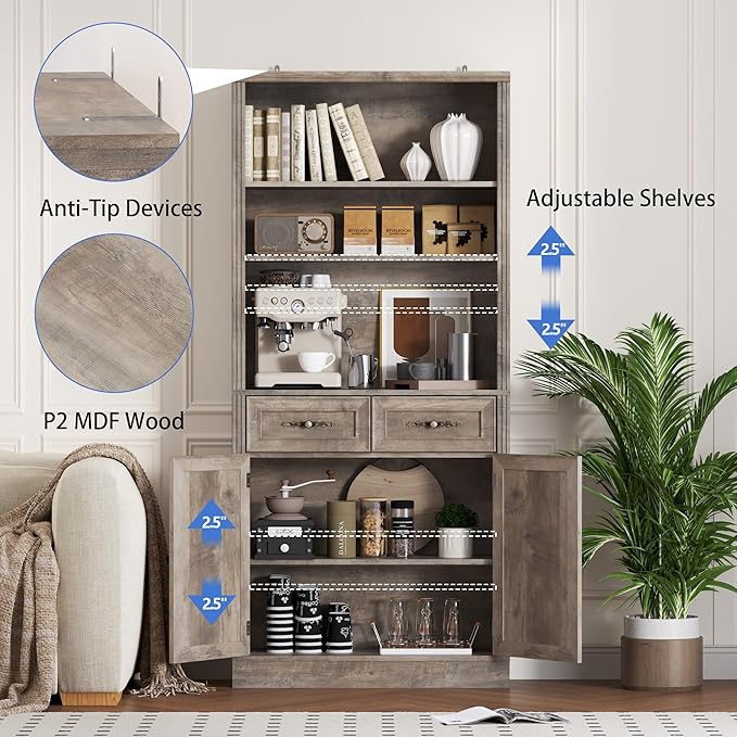 BORNOON 70.1" Tall Bookshelf with Drawers & Cabinet, 5-Tier Floor Standing Bookcase with Storage Doors, Adjustable Shelves & Metal Handles, 31.5" Wide Organizer for Home Office, Living Room