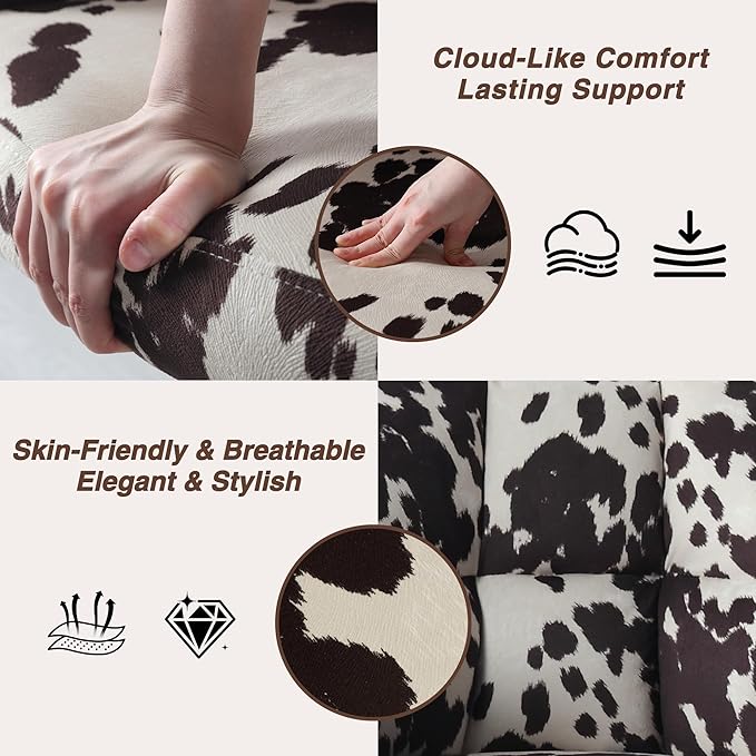 Modern Swivel Home Office Desk Chair with Wheels, Cow Print Velvet Height Adjustable Comfortable Ergonomic Upholstered Vanity Make up Chair, Cute Cowhide Computer Armchair for Living Room Home