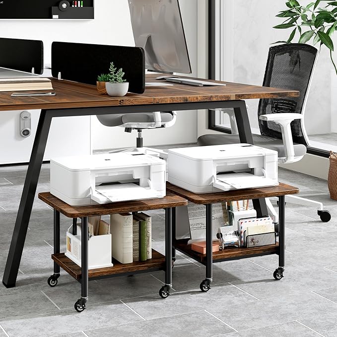 Giantex Under Desk Printer Stand, 2-Tier Mobile Printer Table with Storage Shelf, Lockable Wheels & Metal Frame, Rolling Printer Cart Holder, Storage Rack for Home Office Scanner Fax Machine (Brown)