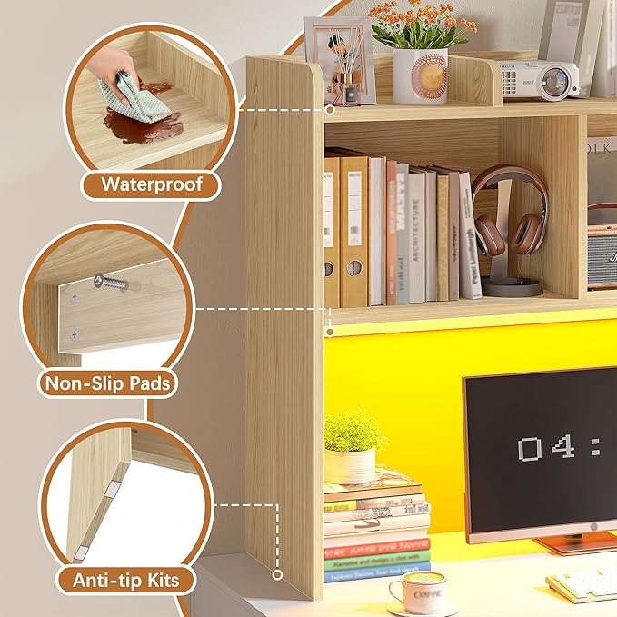 REIBII Desk Hutch Dorm for Computer Monitor Up to 27", Dorm Desk Hutch Top Only with RGB Light Strip, Wooden Desktop Bookshelf with 6 Shelves, 3-Tier Desktop Shelf for Home Office Dorm, Wood Color