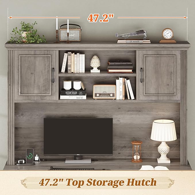 SEDETA Office Desk with 3 Drawers, 47.2" Executive Computer Desk with Storage Drawers and Hutch Cabinet, Wood Farmhouse Desk with Power Outlet for Home Office, Grey