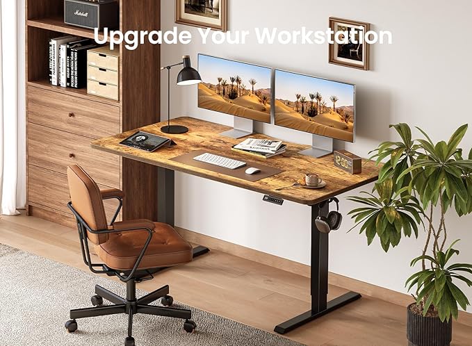 BANTI 55 × 24 Inches Standing Desk, Ergonomic, Electric Height Adjustable, Sit and Stand Up, Computer Office Desk with Splice Board, Black Frame/Rustic Brown Top