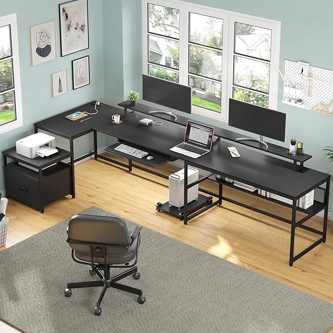 SEDETA U Shaped Gaming Desk,101.5''Reversible L Shaped Home Office Desk with Drawer & Power Outlet,Computer Two Person Desk with Monitor Shelf, Keyboard Tray, Black