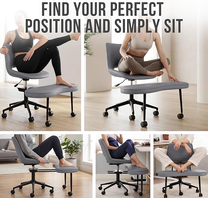 Ergonomic Cross Legged Office Chair with Wheels, 360° Swivel ADHD Chairs for Adults, Height Adjustable Seat for Meditation, Yoga - Wide Criss Cross Chair with Lumbar Support, Kneeling Chair, Grey