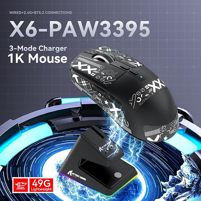 ATTACK SHARK X6 Lightweight Wireless Gaming Mouse with RGB Backlight Charging Base,Tri-Mode Wired/2.4GHz/BT5.2,26K DPI, PAW3395 Optical Sensor,HUANO Switch,5programmable Buttons,PC/Mac(Black+Sticker)