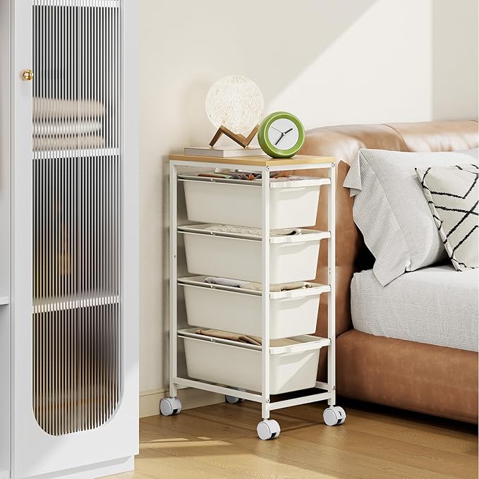 Rolling Storage Cart with 4 Drawers, Craft Organizer, Wooden Tabletop Utility Cart for Bedroom, Children's Room and Office Organization, Table Side Trolley with Lockable Wheels, White