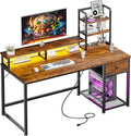 EnHomee 44 Inch Computer Desk with Hutch and Drawers,Reversible Home Office Desk with Monitor Shelf,Small Gaming Desks with USB Power Outlets,Writing Table for Office with LED Lights,Rustic Brown