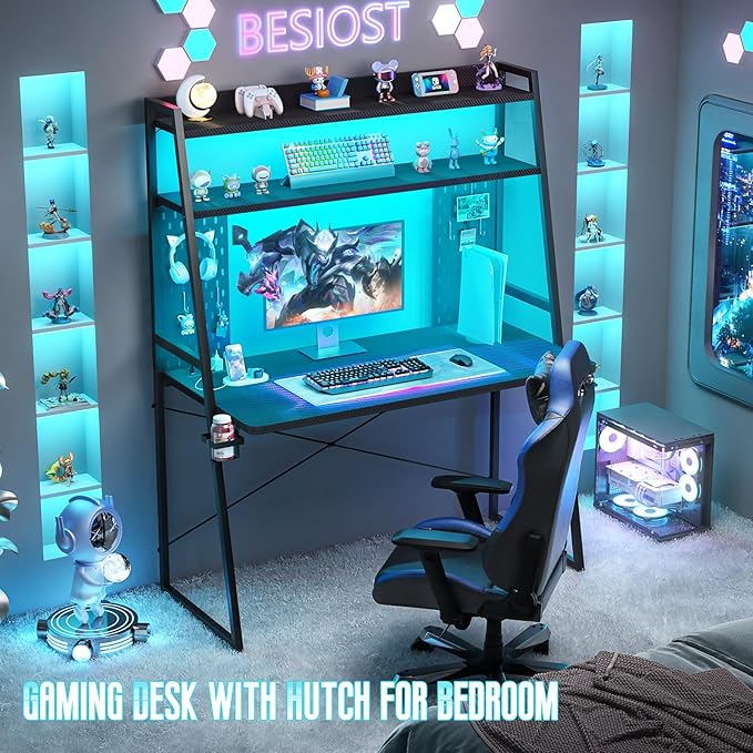 Besiost Small Gaming Desk with Hutch and LED Lights, Gaming Computer Desk with Power Outlets, Gamer Desk with Storage Shelves, Game Desks with Pegboards for Bedroom Small Spaces, Black, 43"