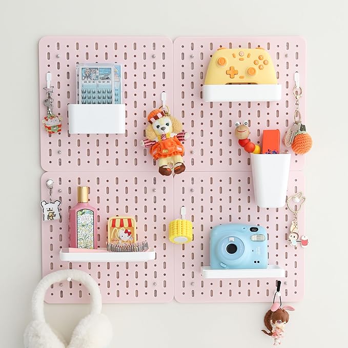 No Drill Pegboard Wall Organizer - HIPS Material Gaming & Office Storage with Accessories, White/Black/Pink Combination for Men Women Space-Saving (Pink)
