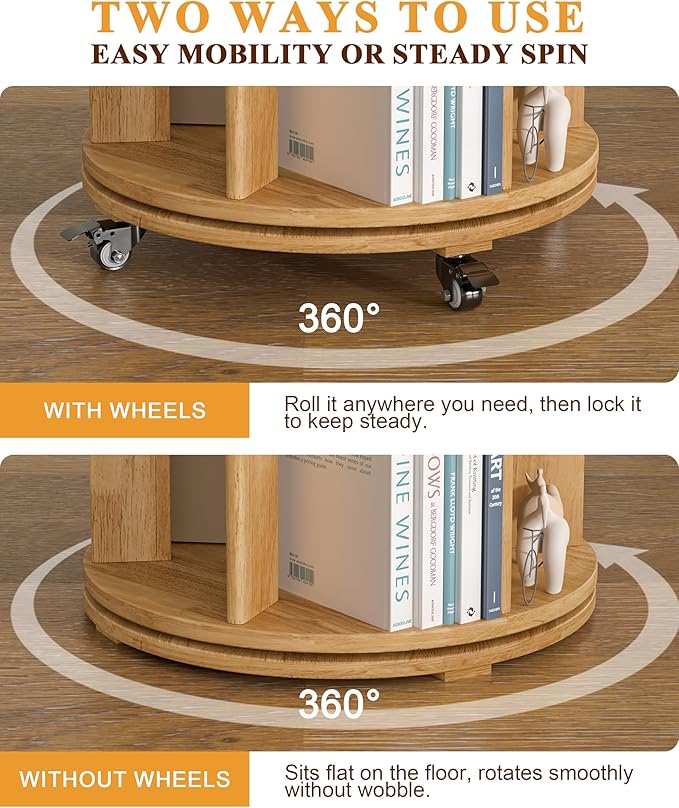 IUNVR Rotating Bookshelf, 4 Tier Solid Wood Bookshelf Tower with Lockable Wheels, 360° Spinning Revolving Bookcase for Small Spaces, Corners, Bedroom, Kids Room, Home Office, Natural