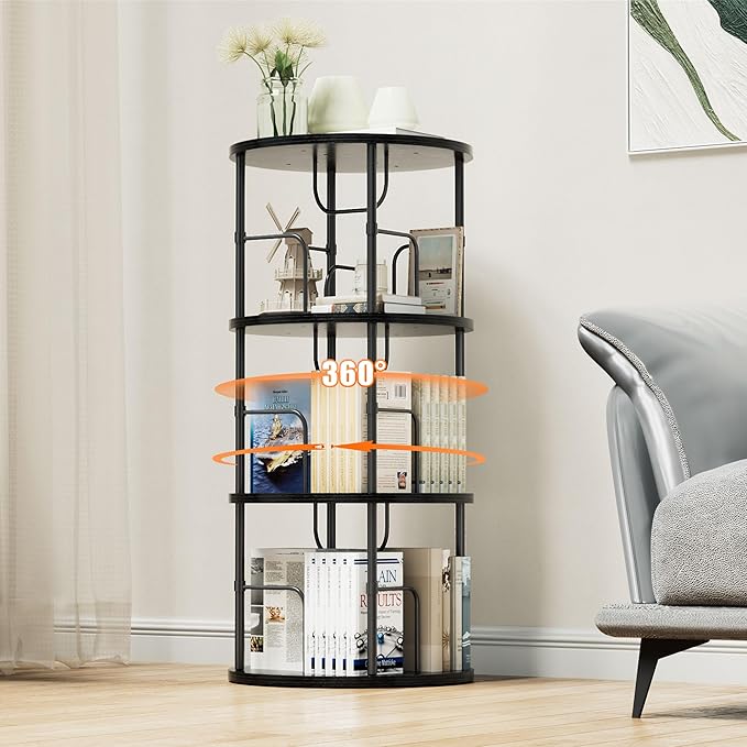 Flycity 3 Tier Rotating Bookshelf, 360° Corner Bookshelf Tower, Round Revolving Bookcase with Special Visible Partition Storage, Narrow Book Shelf Organizer for Living Room, Small Space, Black