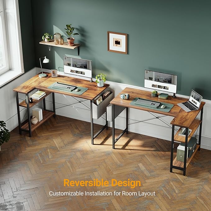 CubiCubi L Shaped Desk, 47 Inch Computer Desk with Reversible Storage Shelves Home Office Corner Desk Study Writing Table, Deep Brown