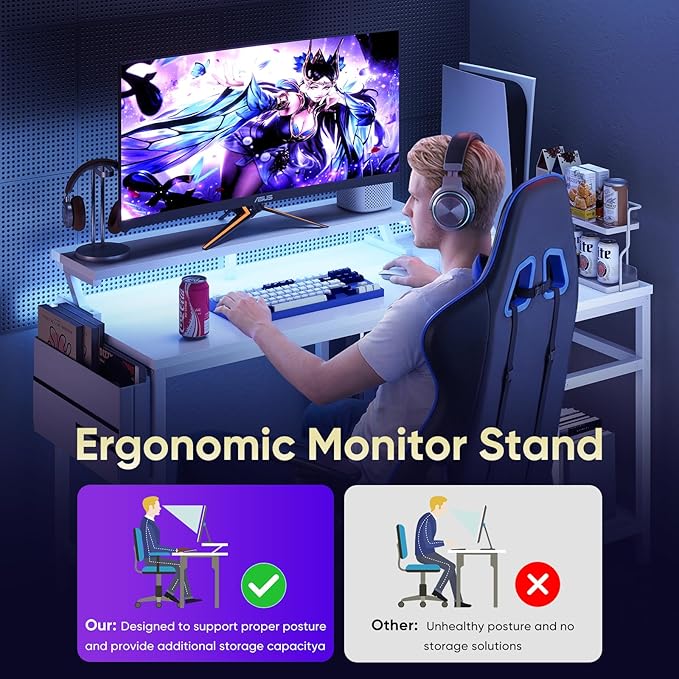 DUMOS Gaming Desk, Computer Desk with USB Charging Ports, Power Outlets, Type-C and LED Lights, Reversible L Shaped Desk with Storage Shelves & Monitor Stand for Office Gaming Room White 40IN