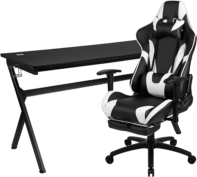 Flash Furniture Optis Gaming Desk and Black Footrest Reclining Gaming Chair Set - Cup Holder/Headphone Hook/Removable Mouse Pad Top/Wire Management