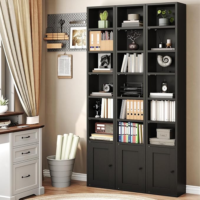 RALGEND 7-Tier Tall Narrow Bookshelf with Door Set of 2, 70.9 Inches CD DVD Slim Media Tower Rack with Storage Cabinet, Adjustable Shelves, Skinny Bookshelf Display Bookcase for Home Office, Black