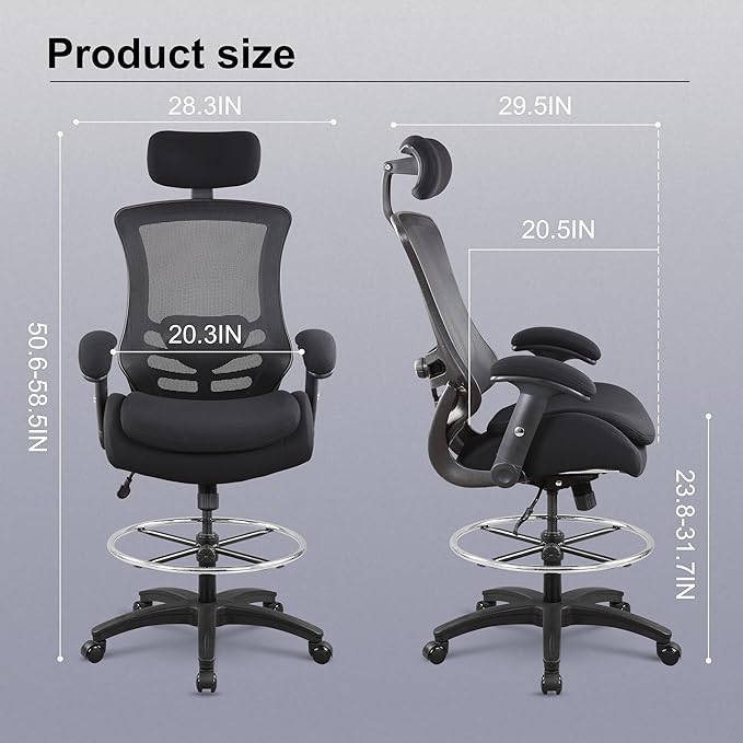 BOLISS 400lbs Ergonomic Drafting Chair,Tall Office Mesh Chair, Standing Desk Chair,Height Adjustable Armrest and Flip up Arms, Adjustable Lumbar Cushion (Black Frame Black Mesh)
