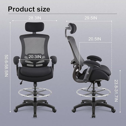 BOLISS 400lbs Ergonomic Drafting Chair,Tall Office Mesh Chair, Standing Desk Chair,Height Adjustable Armrest and Flip up Arms, Adjustable Lumbar Cushion (Black Frame Black Mesh)