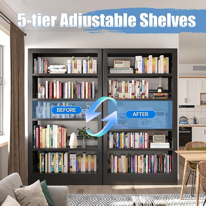 71" Metal Bookshelf,5 Tier Black Bookshelf with Adjustable Shelves,Heavy Duty Bookshelves and Bookcases,Tall Bookcase for Living Room,Library,Office,Including Book Stopper (Black, 37.4" Wide)