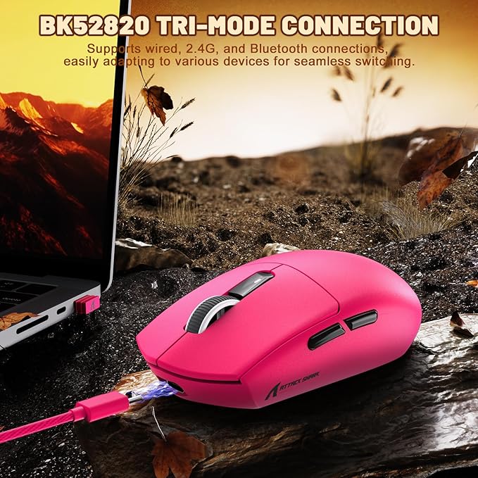 MAMBASNAKE Attack Shark G3 Wireless Gaming Mouse with Tri Mode Wired/2.4Ghz/BT,59g Ultra-Lightweight,25000 DPI,1000 Polling,PixArt PAW3311 Sensor,500mAh Long Battery,Programmable for PC Gamer(Red)