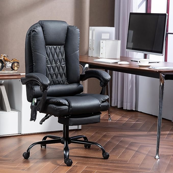 6-Point Heated Massage Office Chair with Footrest, Ergonomic Home Desk Chair with Lumbar Support, Executive High Back PU Leather Computer Chair with Armrest & Reclining, Black
