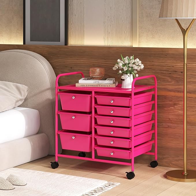 Moccha 9-Drawer Rolling Storage Cart - Under Desk Storage Drawers with wheels for Craft Art Supply Paper Salon, Scrapbook Paper Tools, Mobile Utility Cart for Classroom, Hot Pink