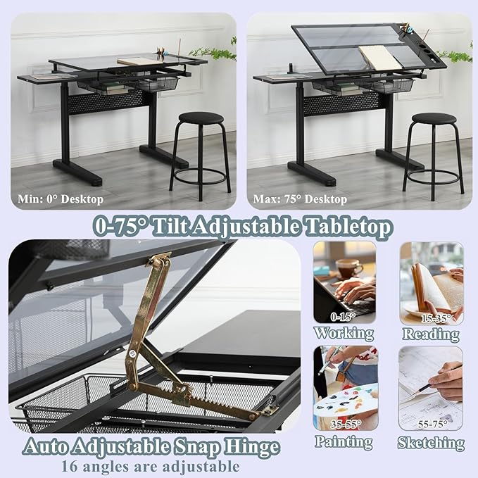 Glass Drafting Table, Height Adjustable Drawing Table with Storage & Stool, 75° Tilting Tops Art Table for Artists, Architects and Designers, Space-Saving & Specialty Options, Type 3-Black