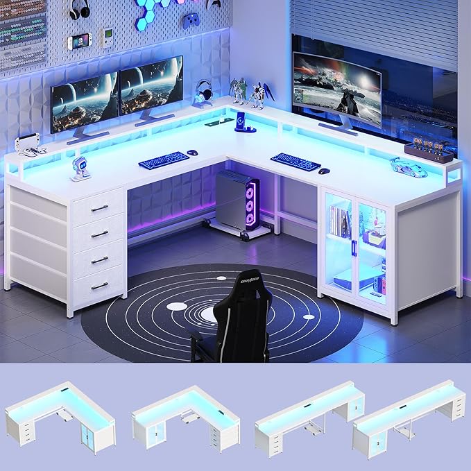 SEDETA L Shaped Gaming Desk with 4 Drawers, 109” Computer Desk with Display Cabinet, Home Office Desks with 2 Monitor Stands, CPU Stand, LED Lights and Power Outlet, White