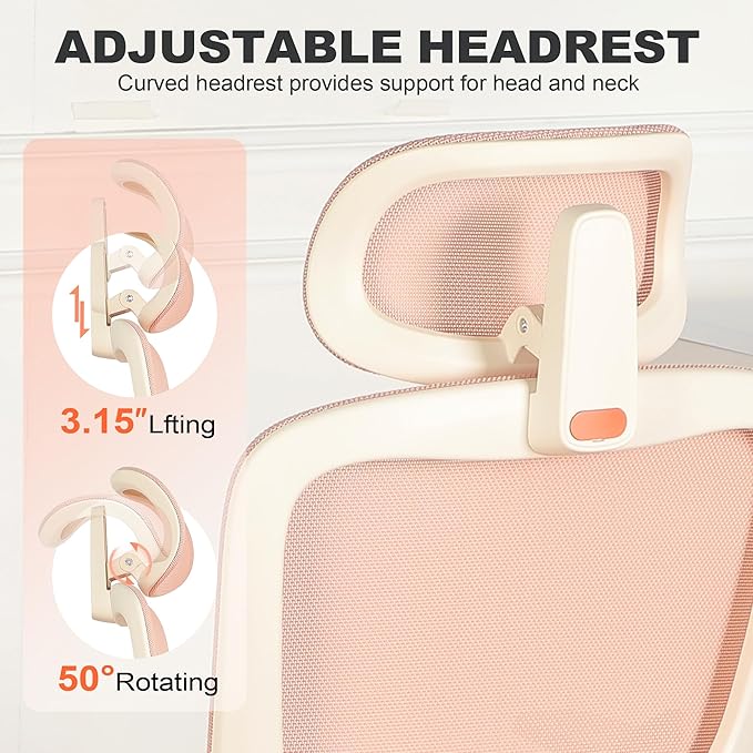 Ergonomic Office Chair with Footrest, Mesh Desk Chair with Adjustable Headrest & Armrests & Dynamic Floating Wing Lumbar Support, High Back Computer Chair for Home Office, BIFMA Certified, Pink