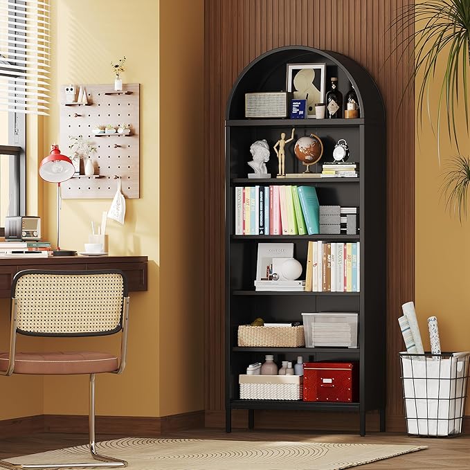 VEXPOR 73" Tall Arched Bookcase Cabinet, 6-Tiers Metal Black Arched Bookshelf for Home Office, Living Room, Assembly Required,13.78" D x 27.56" W x 72.83" H