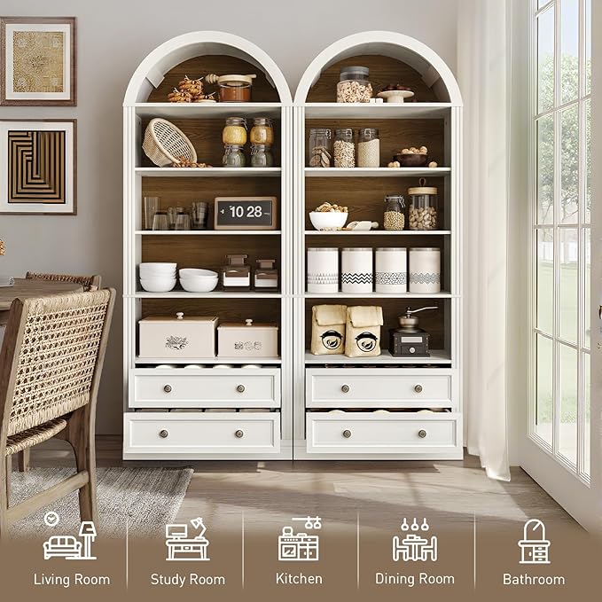 RALGEND Farmhouse Arched Bookshelf, 7 Tiers Arch Bookcase with 2 Spacious Drawers, Modern Book Shelf with Open Display Shelves and Storage Cabinet, for Office, Living Room, Kitchen, Walnut and White