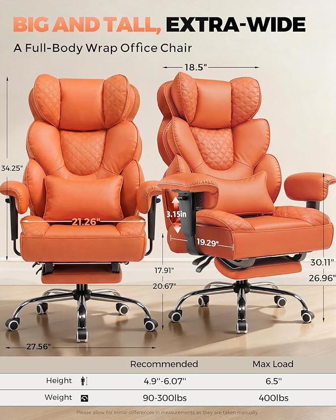 COMHOMA Big and Tall Office Chair with Upgrade Footrest, Heavy Duty Gaming Chair High Back Executive Chair with Spring Lumbar Support for Lower Back Pain Relief, 150°Reclining Adjustable Armrests