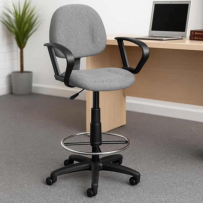 Benzara Jea Drafting Stool Chair, Loop Arms, Gray Tweed, Round Footring