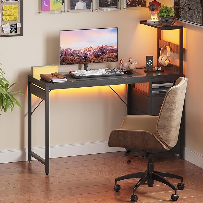 YOUDENOVA 48 Inch Gaming Computer Desk with Led Lights, Small Desk with Storage Shelves and Drawers, Reversible Compact Gamer Table for Home Office, Carbon Fiber Black