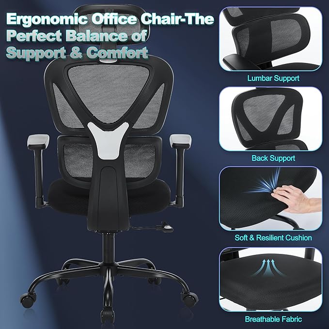 MALOL Ergonomic Office Chair with Adjustable Headrest & 3D Armrests, High Back Mesh Desk Chair with Lumbar Support, Reclining Lock 97°-125°, Swivel Computer Task Chair for Home Office, 300 LBS